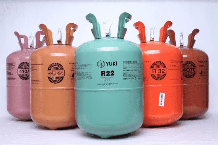 A front view of various types of AC refrigerants