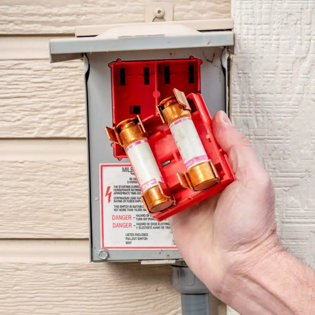 A person holding a battery to an AC fuse circuit breaker