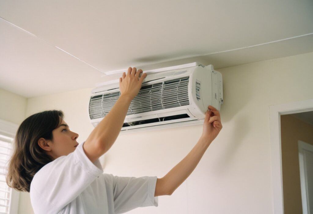 A woman checking the AC by taking out its bracket