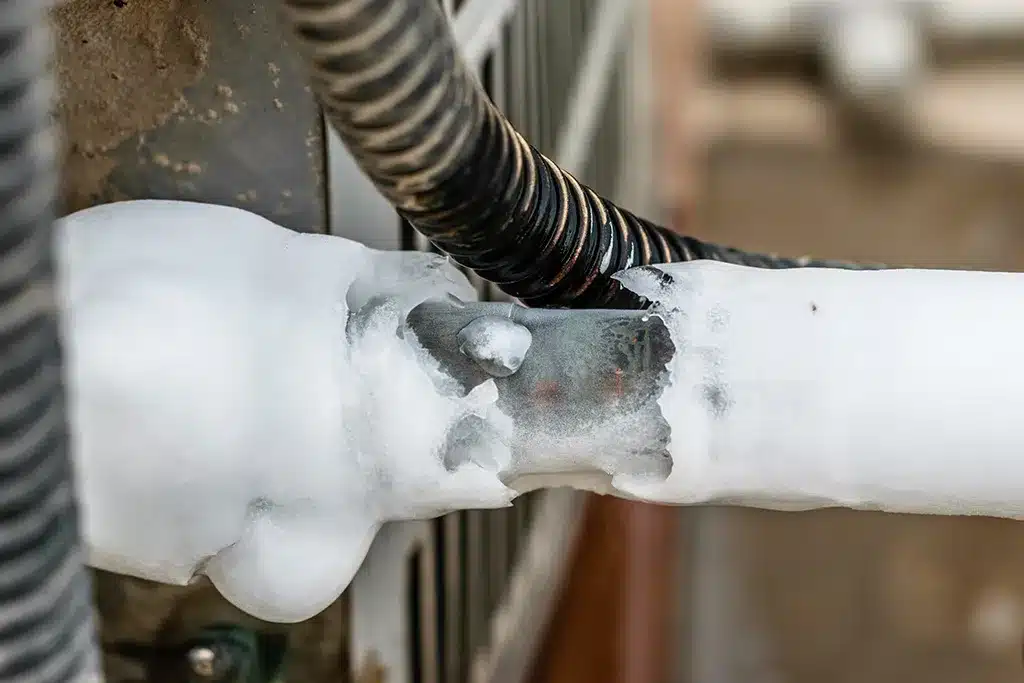 A close view of a frozen evaporator coil