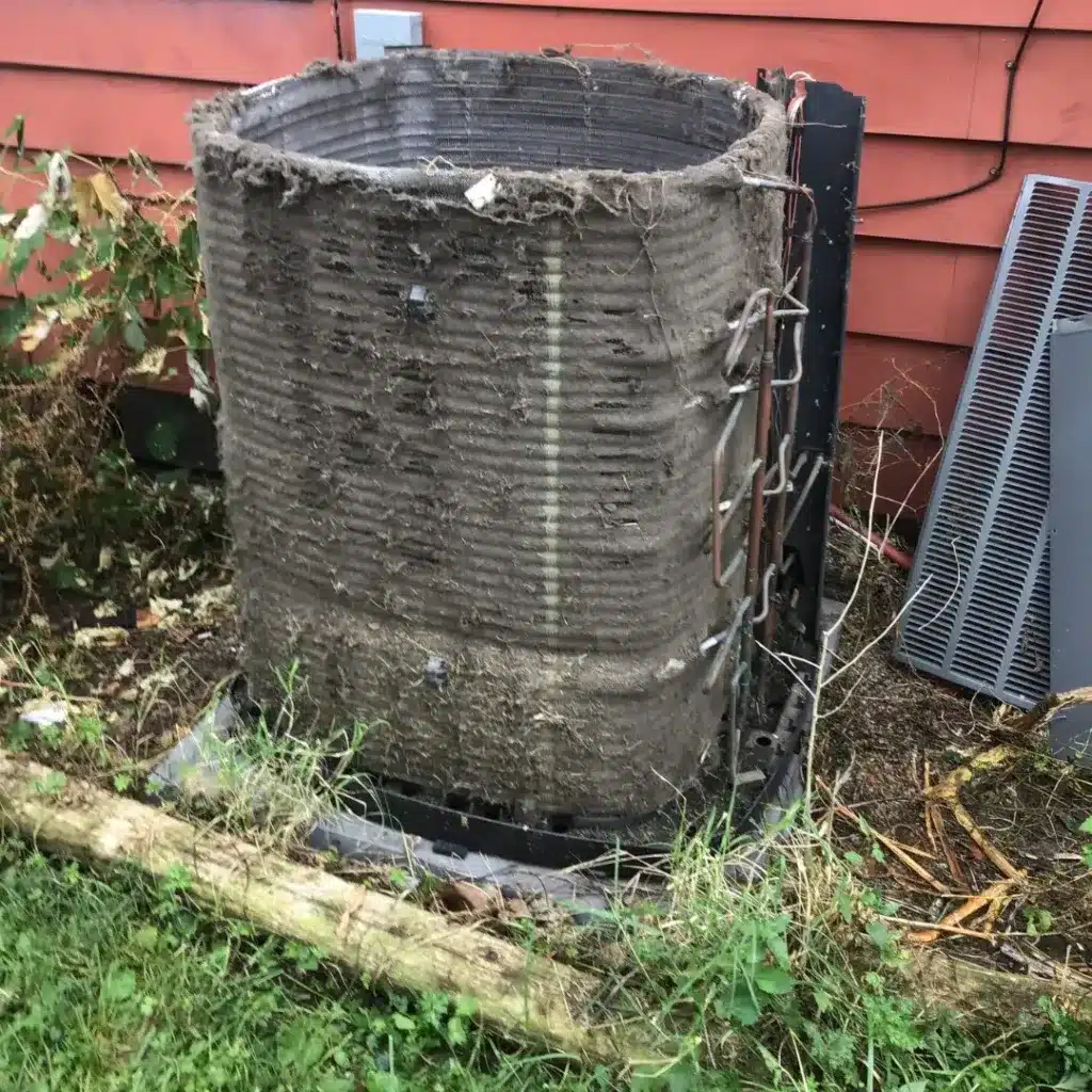 A view of a dirty blocked ac condensor unit