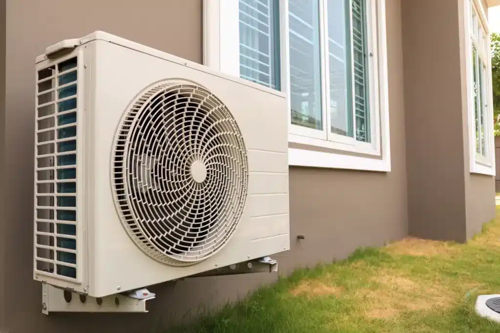 A view of an ac outer outside a house