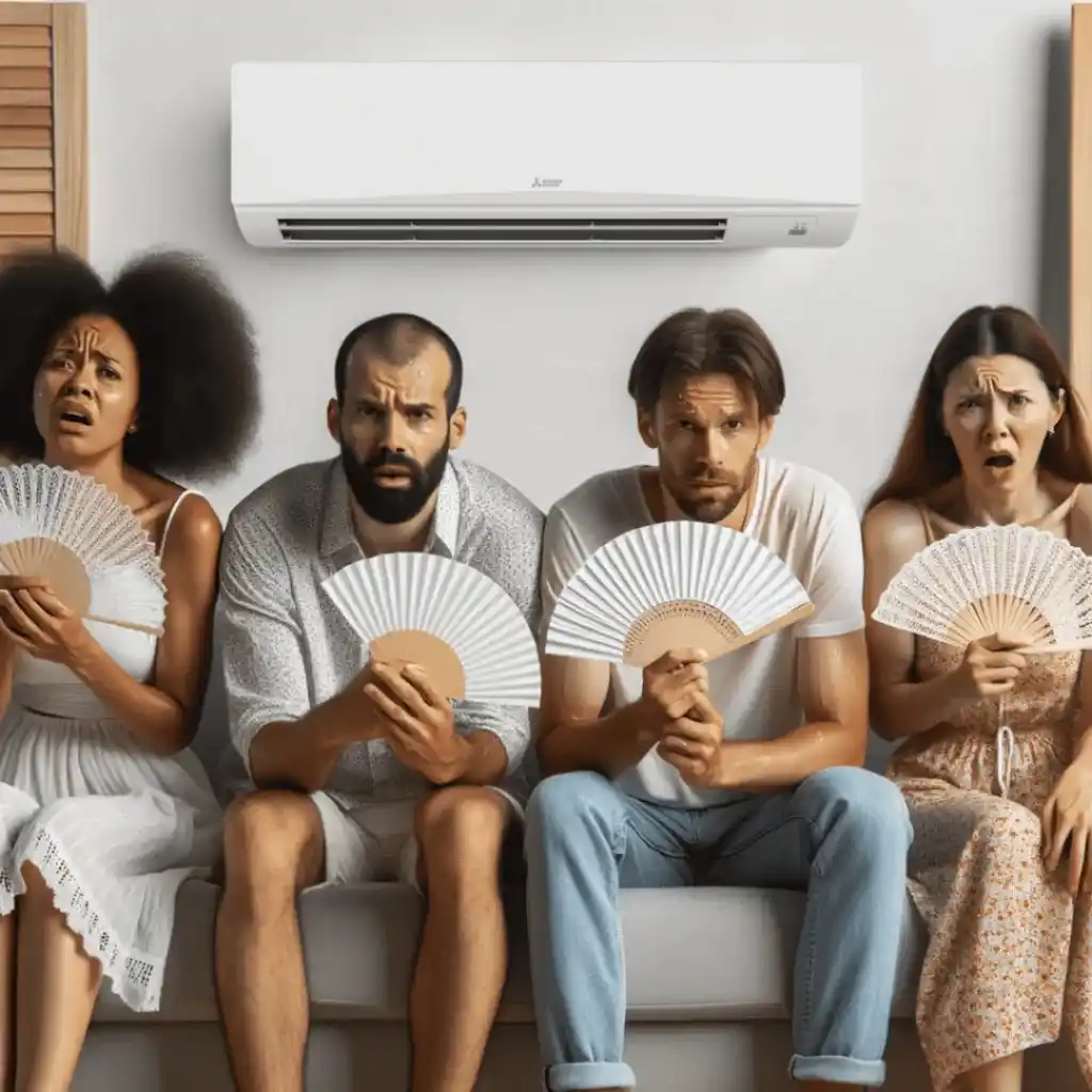 A view of four annoyed people holding hand fans sititng under an ac unit