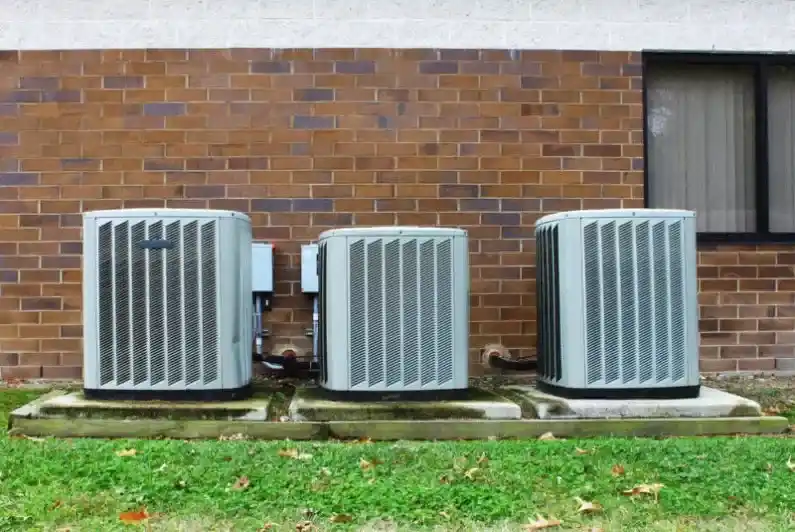 A view of heat pumps and ac systems outdoors